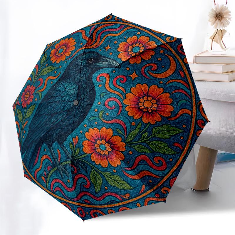 Colorful Floral Raven Art Print: Vibrant Nature DesignUmbrella, Portable 3-Fold Compact Umbrella for Men & Women Gift