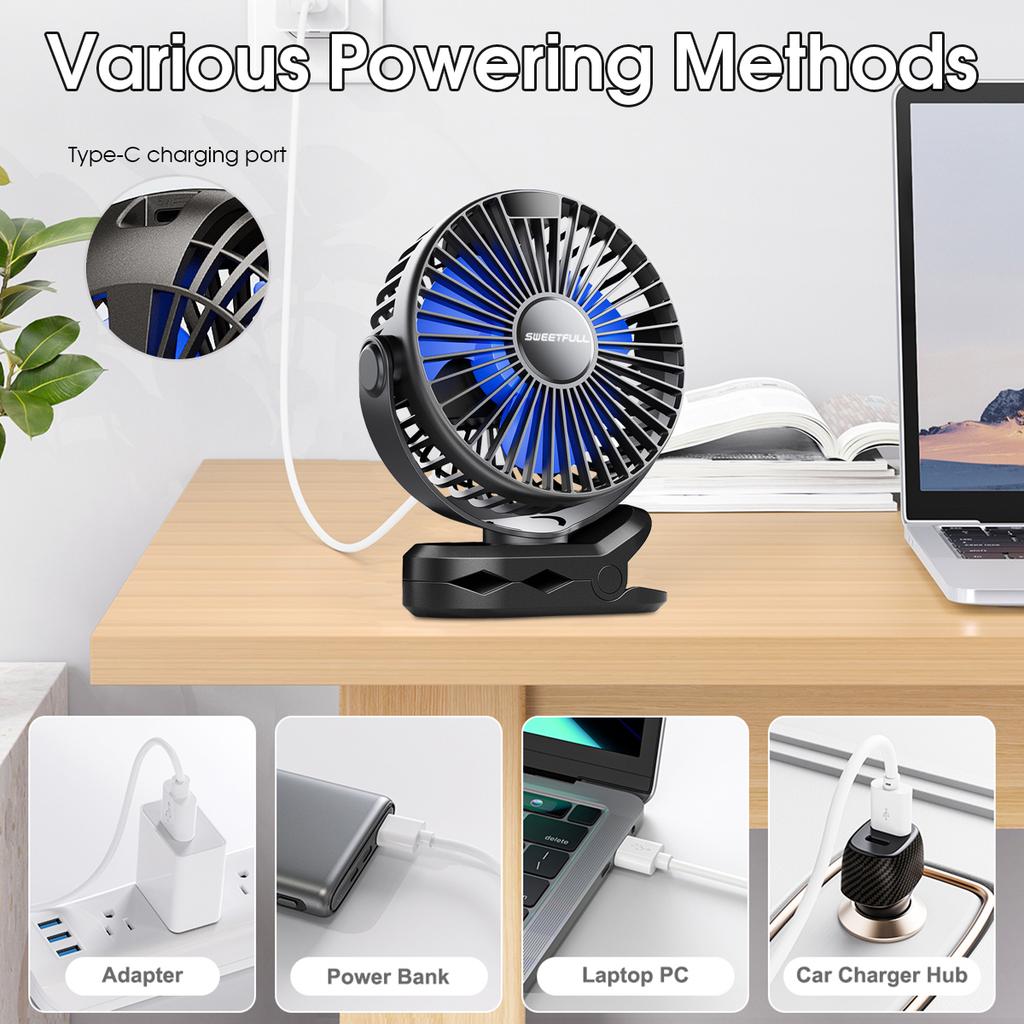 Wentylator biurkowy 4000 mAh z ładowaniem USB, wentylator chłodzący z klipsem, 4-stopniowa regulacja prędkości i wyświetlaczem cyfrowym, wentylator stojący do pokoju, domu