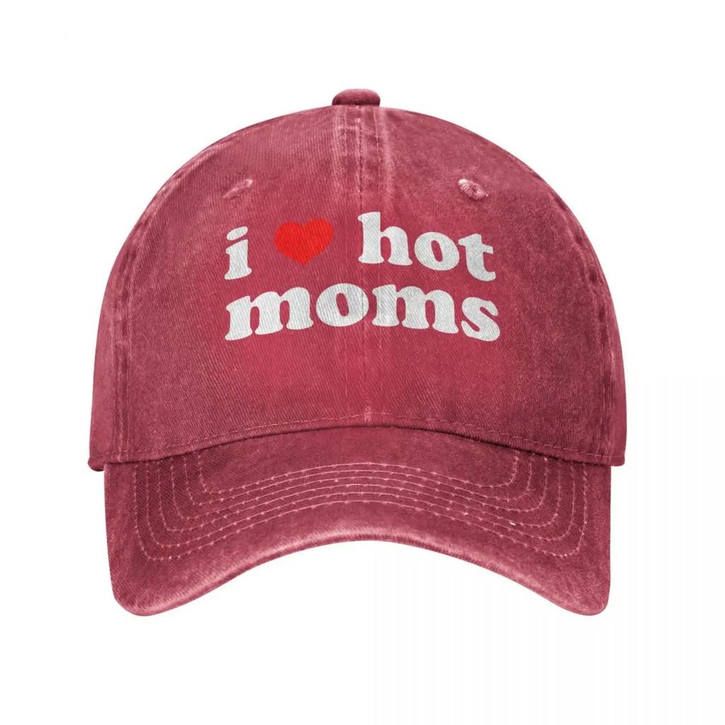 Jag älskar heta mammor Rött hjärta Basebollkepsar Sliten Bomullshuvudbonad Unisex Stil Utomhus Löpning Golf Justerbar Passform Kepsar Hatt