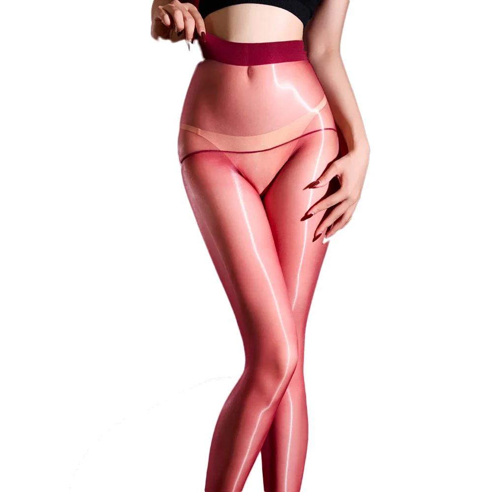 Women 1D Thin Open Crotch Seamless Pantyhose Oil Shiny Elastic Tights Yoga Shaping Maid Stocking Slim Leggings Plus Size