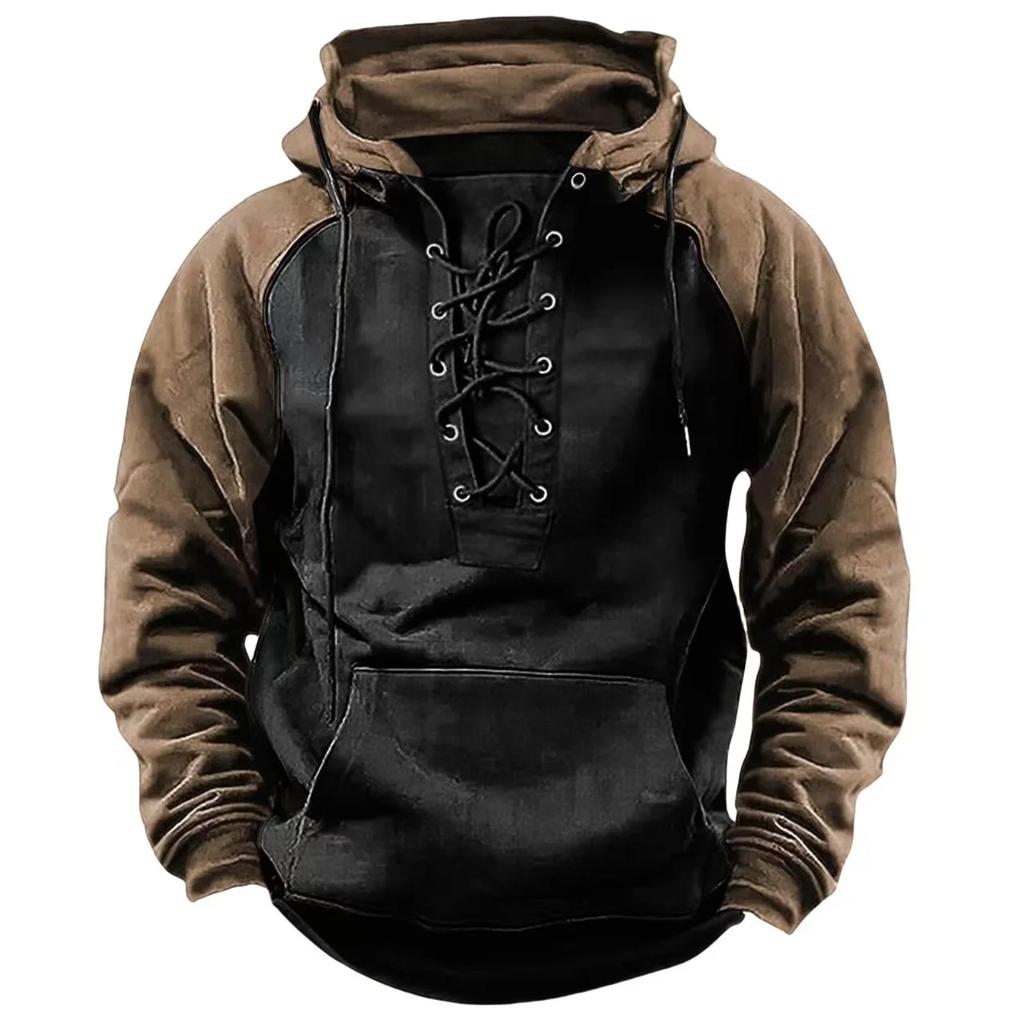 Autumn Winter Fashion Mens Hooded Sweatshirts Lace-Up Drawstring Long Sleeve Loose Hoodies Men Streetwear Vintage Patchwork Hoodies