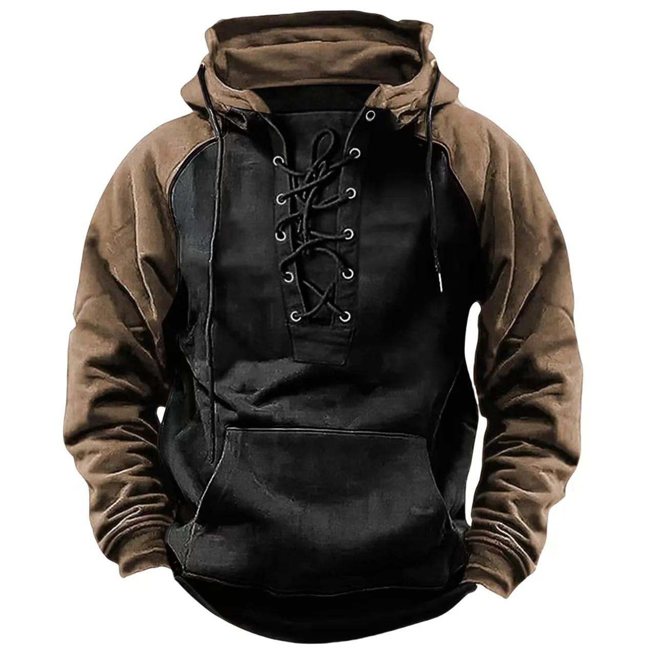 

Autumn Winter Fashion Mens Hooded Sweatshirts Lace-Up Drawstring Long Sleeve Loose Hoodies Men Streetwear Vintage Patchwork Hoodies XL чёрный