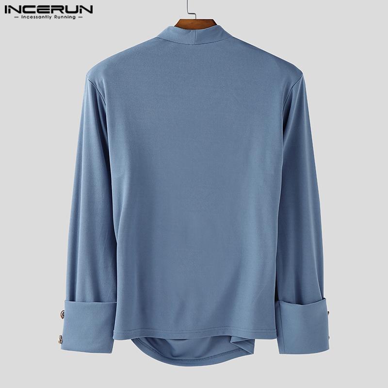INCERUN Men Long Sleeve Front Cross Irregular Folding Ruffled Casual Tops Shirts