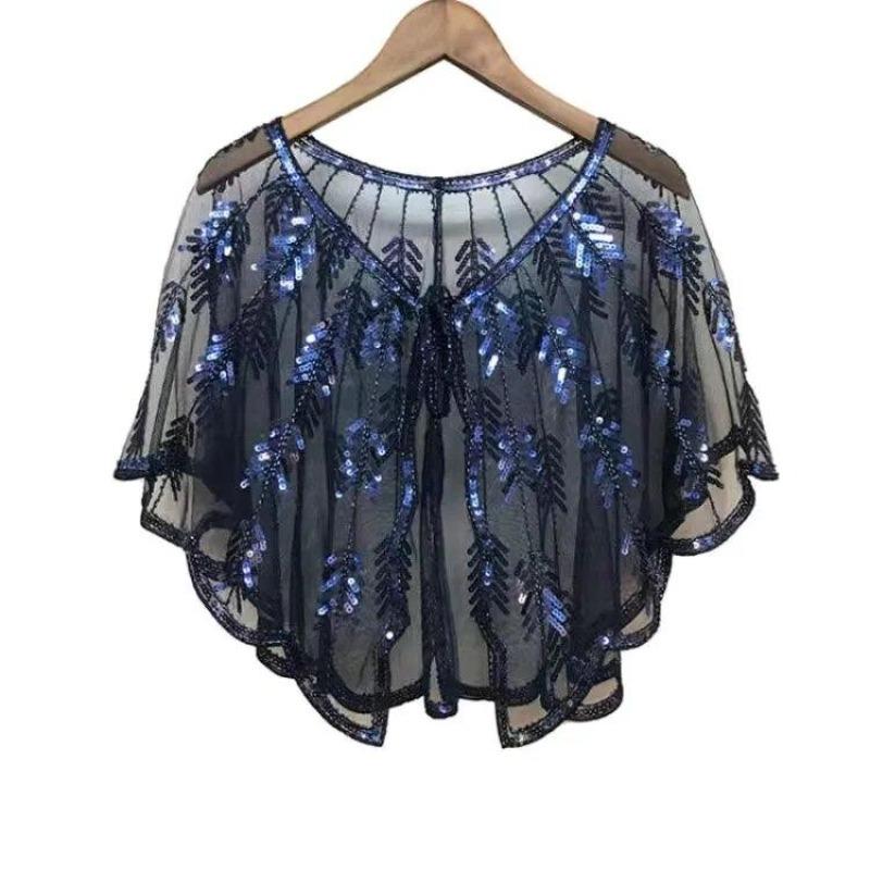 Beaded Sequin Shawl Vintage Flapper Evening Cape Sheer Mesh Embroidery Leaf  Women Bolero Party Accessories