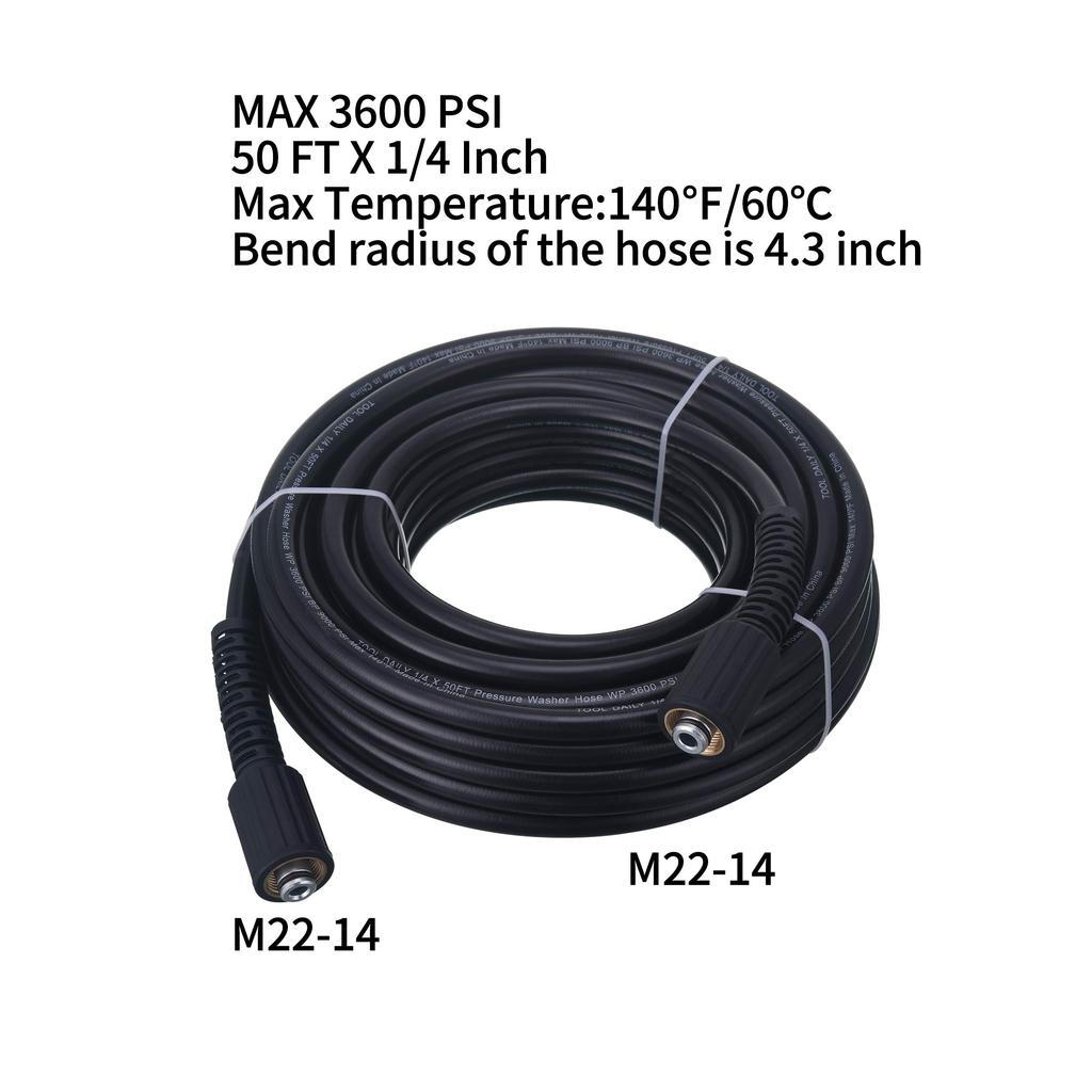 Tool Daily High-Pressure Washer Hose, 15m (50FT), 1/4-Inch, 3600 PSI, M22 14-Connection, Replacement for Most Brands