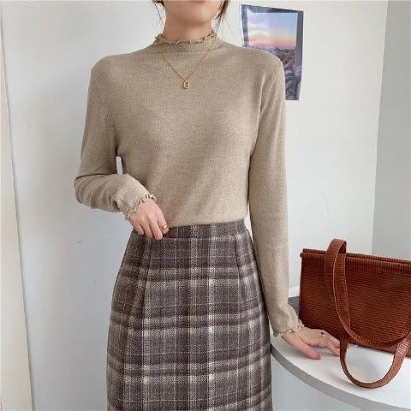 Apricot Semi-turtleneck Bottoming Shirt for Women with Autumn and Winter Fungus Edge Top, White Semi-turtleneck Core-spun Yarn Knitting