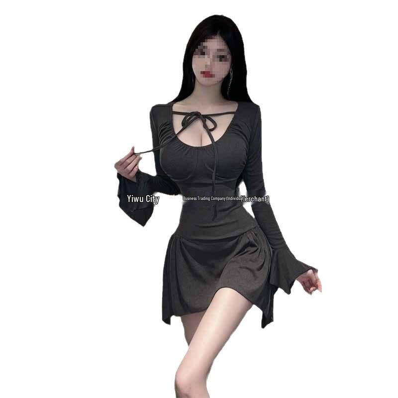 2024 Pure Desire Low-Cut Lace-Up Slim Long-Sleeve Dress