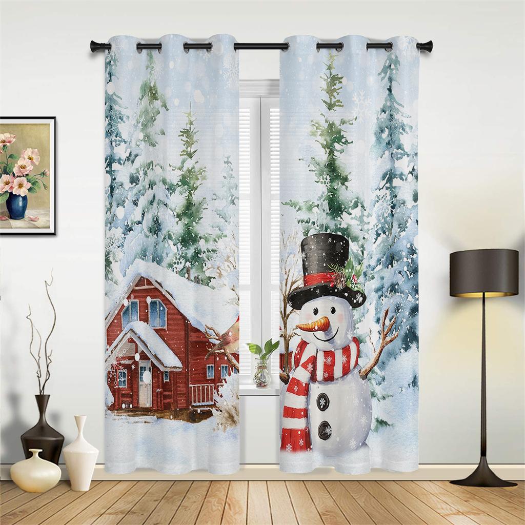 Pink Romantic Snowman Curtains Red Blue Christmas Decor Curtains Living Room Bedroom Kitchen Balcony Window Decor 2 Panels