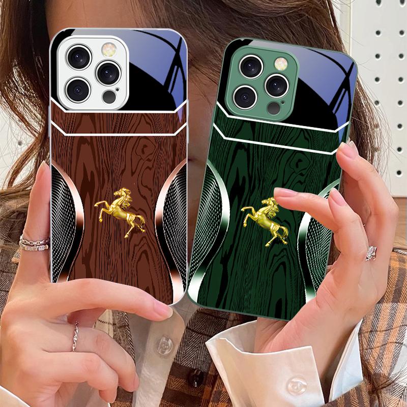 Wood Grain Golden Horse For IPhone 16 Pro Max 15 Pro 14 13 12 Mini 11 XS M Ax XR 7 8 Plu SE 2022 Tempered Glass Phone Case