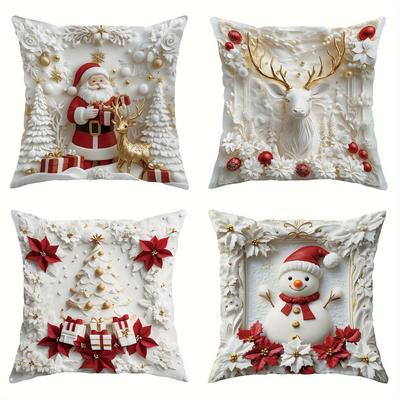 Velvet Christmas Pillow Covers 4Pcs, Santa Snowman Reindeer Tree Poinsettia 2D Print, Soft Red White For Sofa Bed Decor
