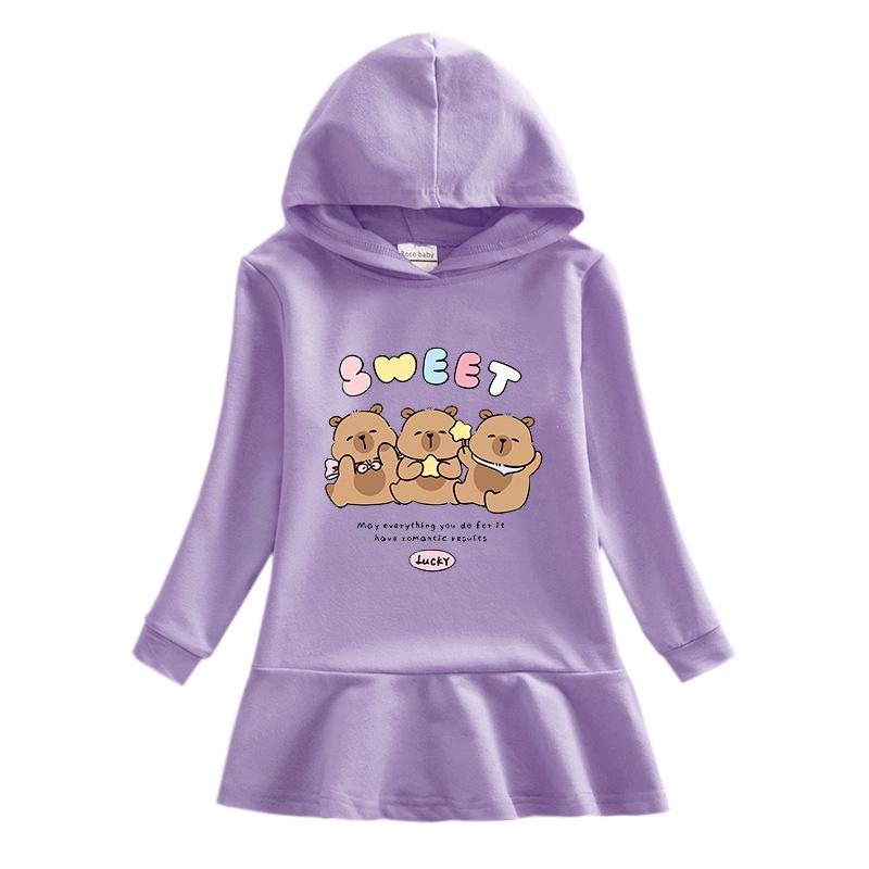 Spring & Autumn Ruffle Cartoon Rainbow Girls' Long Sleeve Hooded Sweatshirt Dress