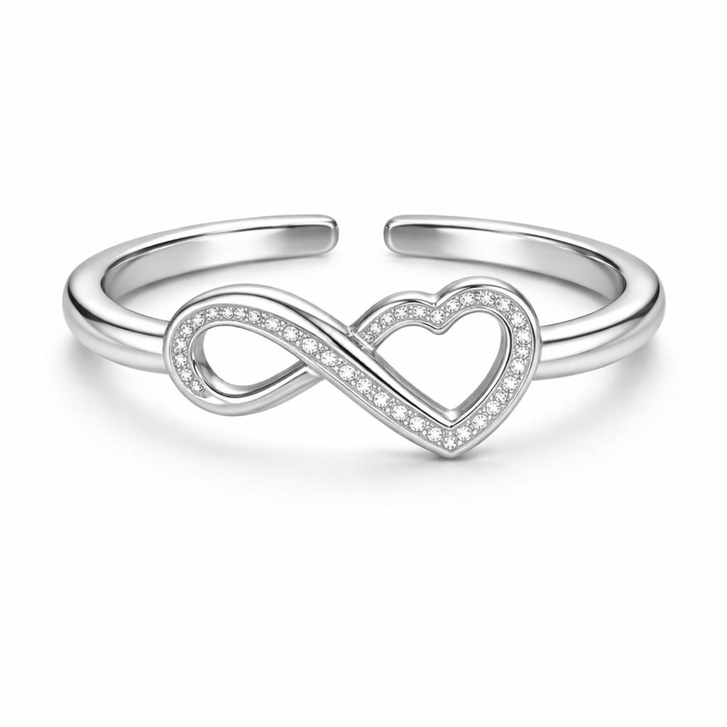 Infinity Heart Eternal Love Open Adjustable Band Ring –925 Sterling Silver