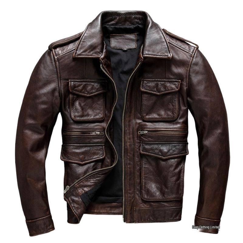 Męska skórzana kurtka z klapami w stylu retro, slim-fit, na jesień/zimę 2025