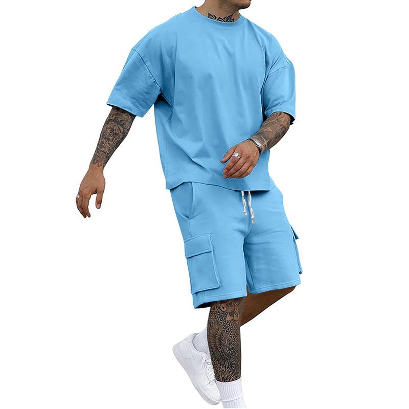 

Летняя новая мужская футболка с круглым вырезом и коротким рукавом, шорты, костюм-двойка, свободный большой размер XXXL светло-синий