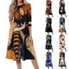 Women's Halloween Print Casual Fashion Round Neck Three Quarter Sleeve Mid Length Dress Comfortable Fit Soft Fabric Suitable for Daily Wear