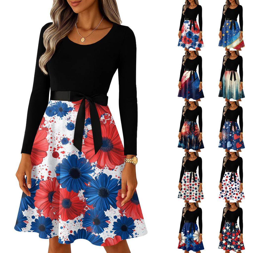 Ladies' Casual And Fashionable Round Neck Long Sleeved Retro Independent Day Print Retro Dress