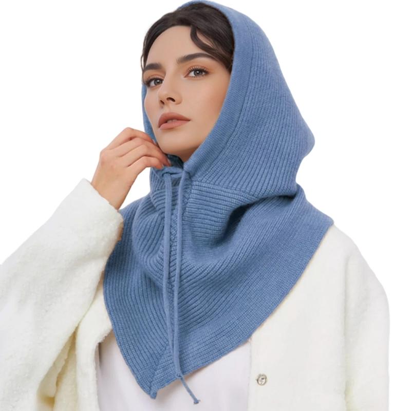 

Thicken Knit Balaclava Knitted Shawl Drawstring Thicken Neck Warmer Knit Scarf for Cold Weather Insulated Hat