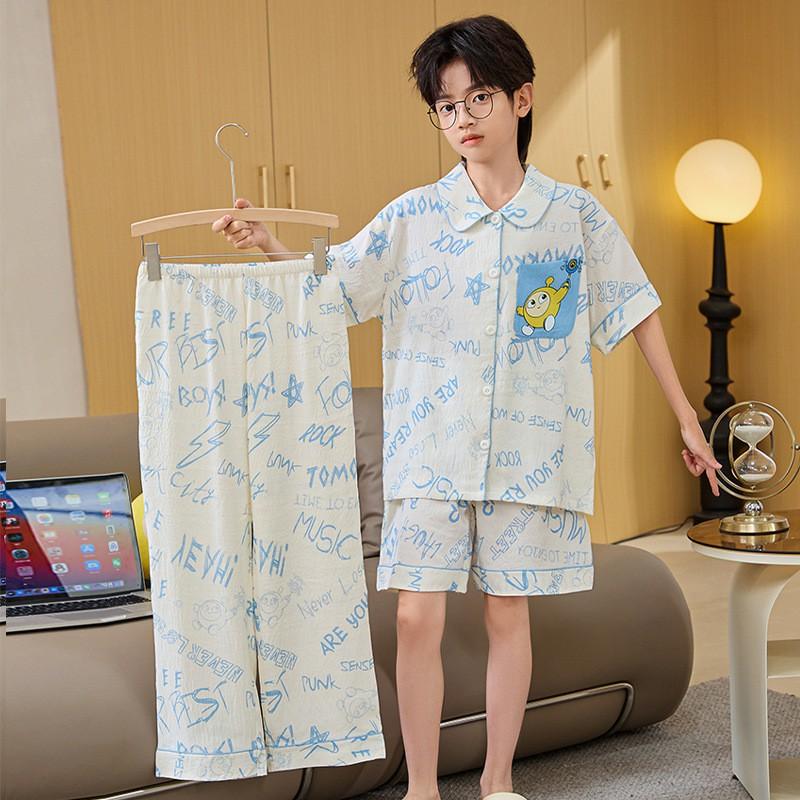 Boys Cotton Pajama Set Thin Sleepwear Cartoon Print Comfortable Home Wear Teens