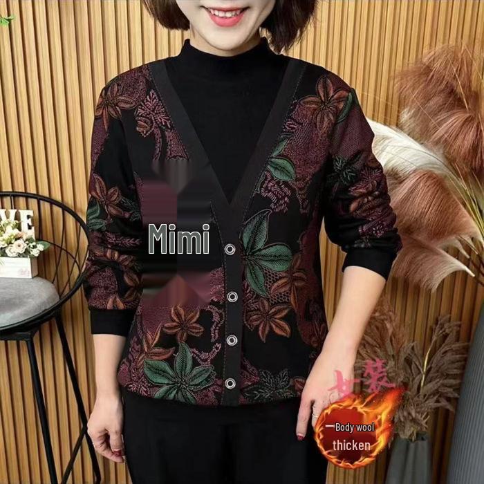 Damen Langarm-Oberteil mit Blumenmuster - Plus Samt, Halber Stehkragen, Falsches Zweiteiliges Design, Schlankmachend & Stilvoll für Mittleren und Älteren Alters