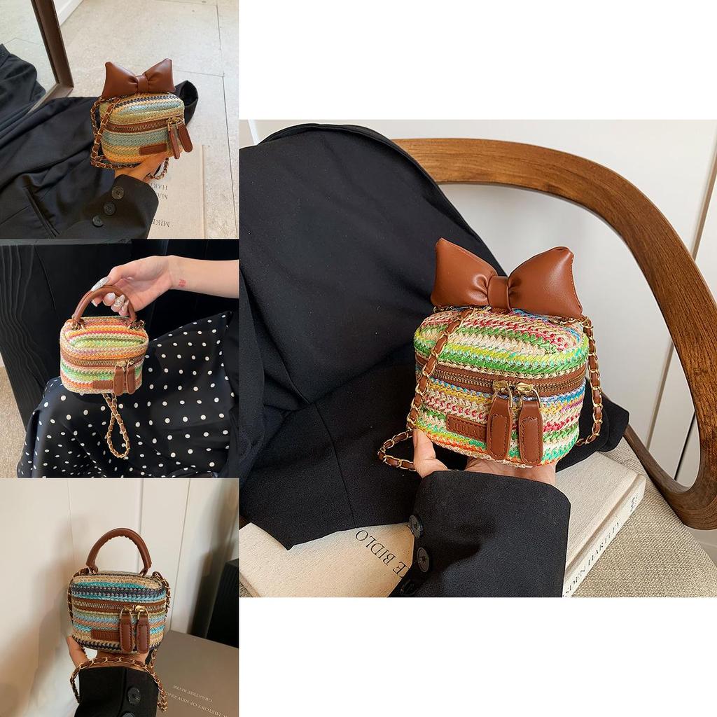 Chic Woven Pu Mini Handbag Stylish Striped Pattern Ultra-light Trendy Purse