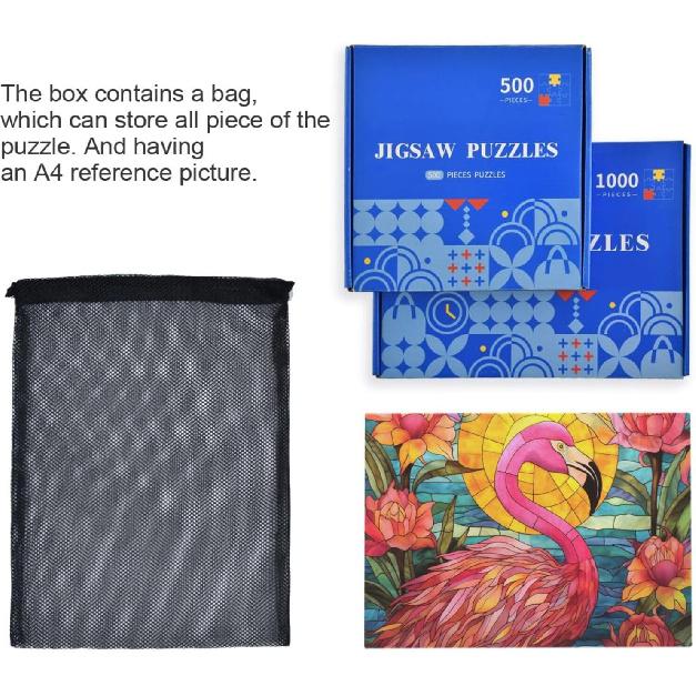 Stained Glass Flamingo Jigsaw Puzzle 500 Pieces, Zigsaw with Storage Bag and Reference Picture Easy to Solve