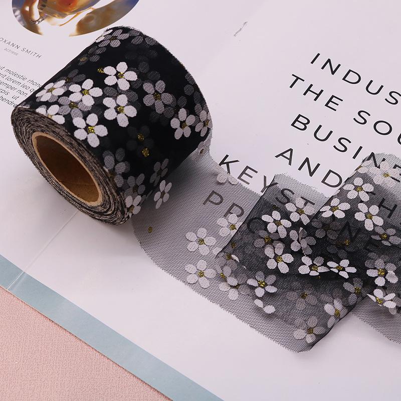 6cm Width 25Yards Daisy Tulle Ribbon Mesh Roll DIY Handmade Hair Decoration Baking Party Wedding Printed Mesh Fabric Supplies