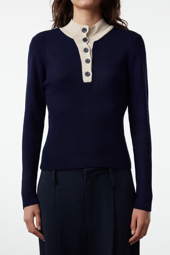 Women's Fashion Stylish Sweater Navy Blue High Collar Knitwear Sweater