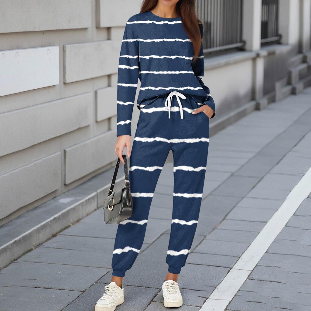 Sets For Women 2 Piece Round Neck Long Sleeve Shirts Printed Sweatpants Pocket Sets