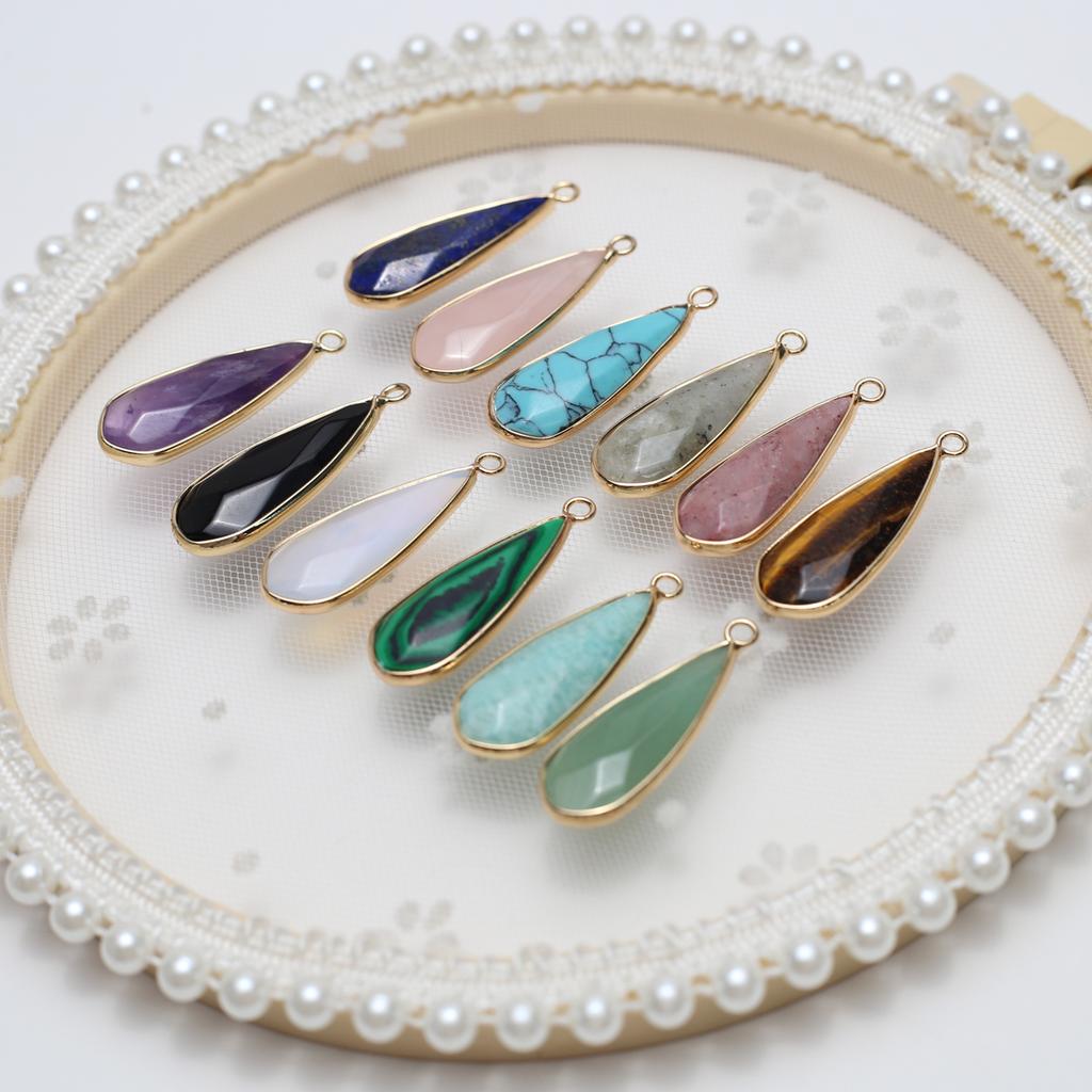 3Pcs, Faceted Natural Stone Crystal Lapis Lazuli Amethyst Gemstone Pendant, Boho Handmade Long Water Drop Charms for Jewelry Making DIY Crafts 13×35mm