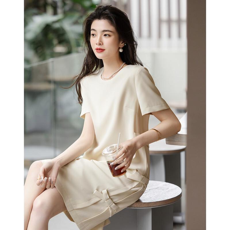 Demana Summer Elegant Handmade Bow Short Sleeve Shift Midi Dress