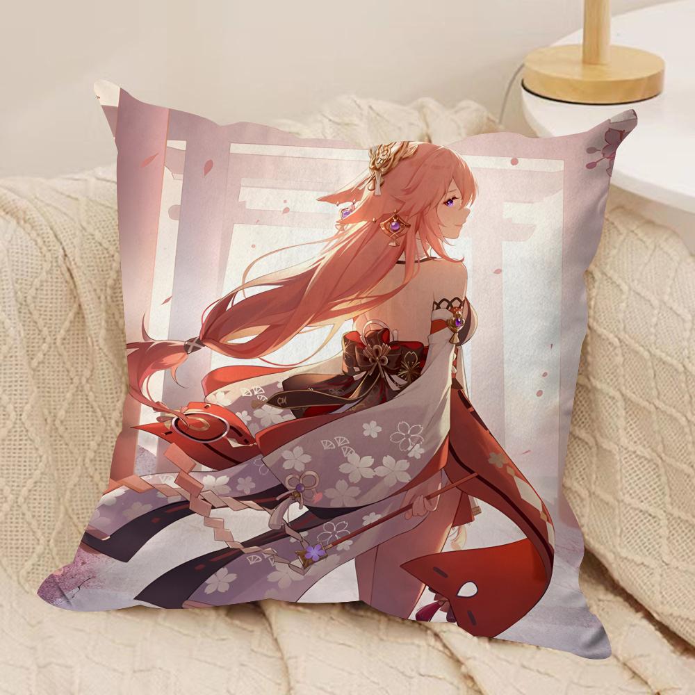 Yae Miko Genshin Impact Cushion Cover Silky Short Plush Invisible Zipper Dustproof Sofa Pillow Case For Home Decor