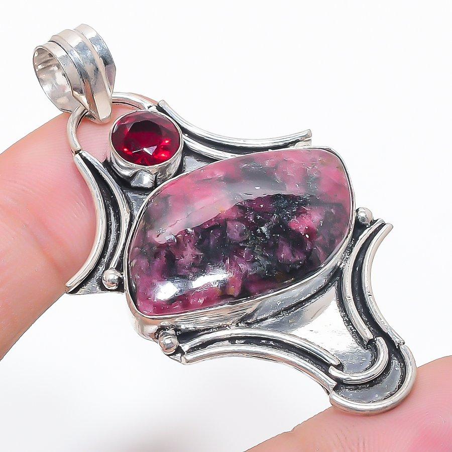 Rhodonite, Garnet Gemstone 925 Sterling Silver Jewelry Pendant 2.40"