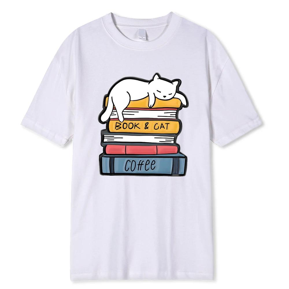 White Cat Sleeping On A Pile Of Books Print Clothing Men High Quality T-Shirt Summer Cotton T-Shirts Hip Hop Street Loose Tops
