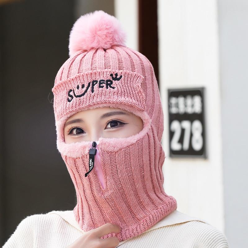 Women's Thickened Wool Knitted Hat In Winter Riding Face Protection Windproof Cold Warm and Fashionable Versatile Cotton Hat