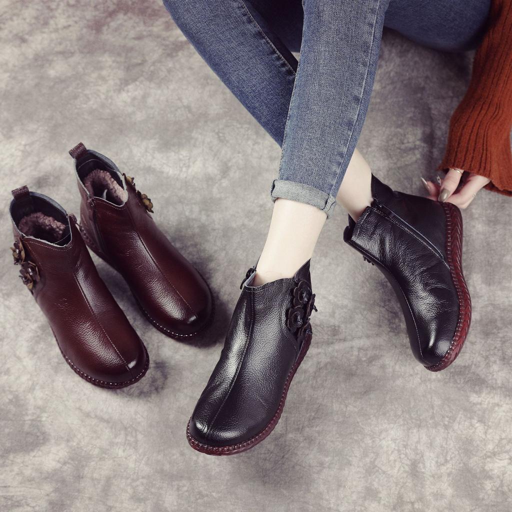 Výprodej Vrchní vrstva Hovězí kůže Plochá podrážka Mateřské boty Korejské ležérní Kožené Kotníkové boty Měkká Plochá podrážka Protiskluzové Středního věku Starší