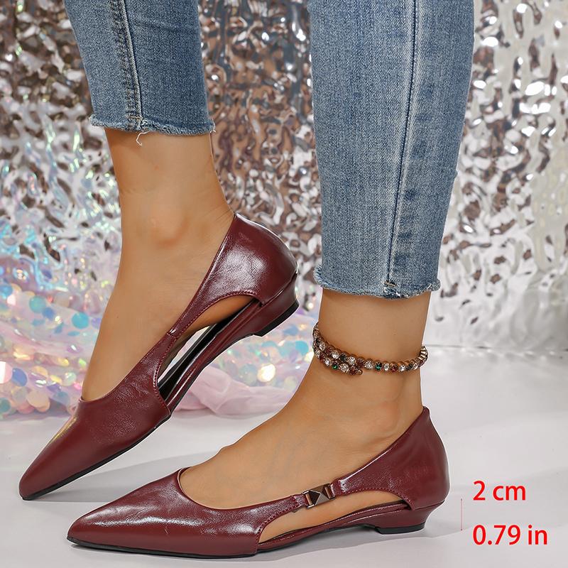 Fashion Women' Classics Wine Red Pu Leather Flats Hollow Out Pointed Toe Low Heel Pumps Woman Plus Size Summer Comfort Soft Sole Loafers