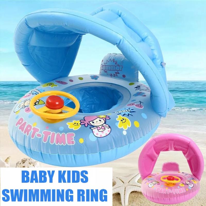 Float Boat Baby Seat With Shade Canopy Kids Inflatable Swimming Pool Aid Ring