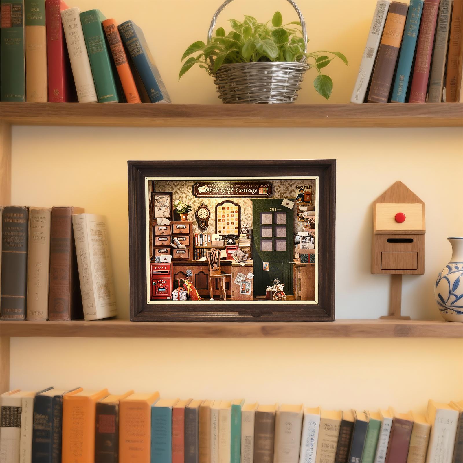 

DIY Book Nook Kit Post Office Photo Miniature Wooden Bookshop Dollhouse with Light Bookshelf Insert 3D Puzzle Decor for Gift