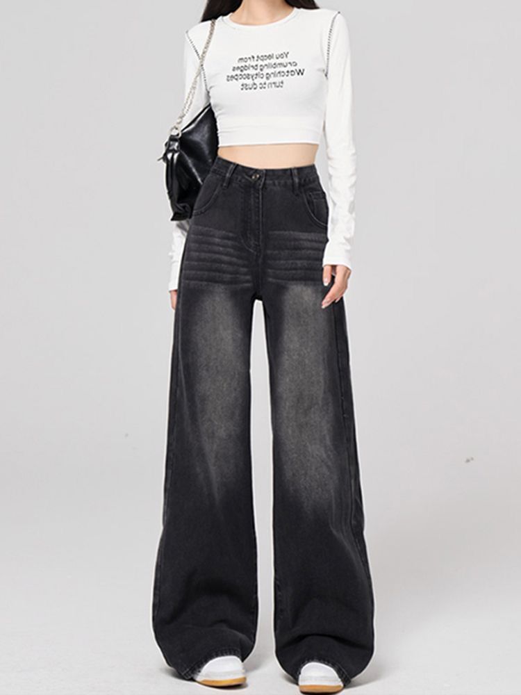 Women Straight Leg Denim Jeans Casual Solid Color Cotton Blend High Waist Daily Streetwear Long Pants