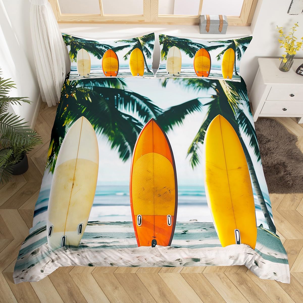 Beach Surfboard Bedding Set Sea Coconut Tree Duvet Cover Summer Surfing Sports Comforter Cover Ocean Coast Palm Tree Quilt Cover EU Single(135x200cm)