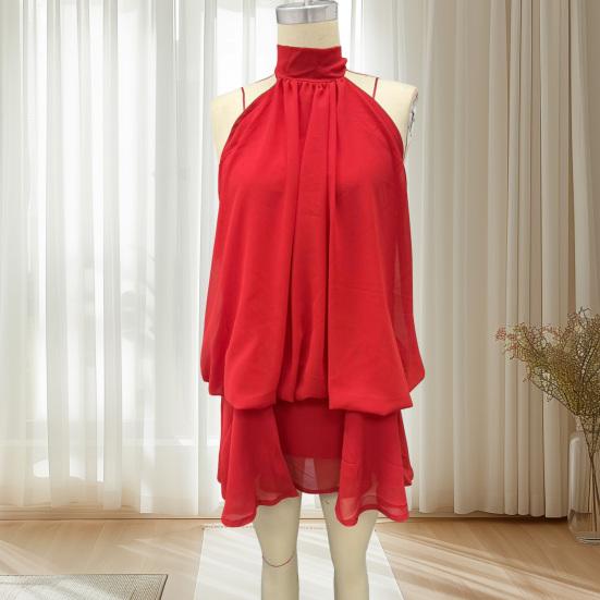 Women's Halter Neck Chiffon Mini Dress Summer Sleeveless Cocktail Party Dress Ruffle Wedding Guest Dress