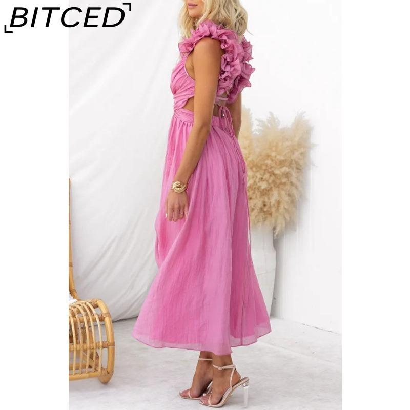 BITCED Women's Summer Sexy Sleeveless Solid-Color Tie-Waist Pleated Skirt Dress