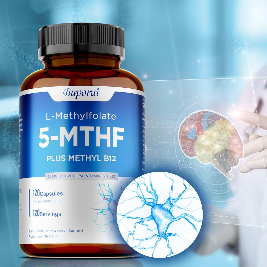 Buporui L-Methylfolat 5-MTHF Kapseln mit Methyl-B12, Aktives B-Vitamin-Nahrungsergänzungsmittel zur Unterstützung der Methylierung & des täglichen Wohlbefindens