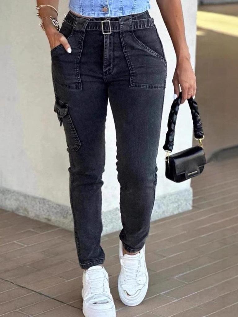 European & American Women's Slim Fit Solid Color Washed Denim Workwear Jeans (2025)
