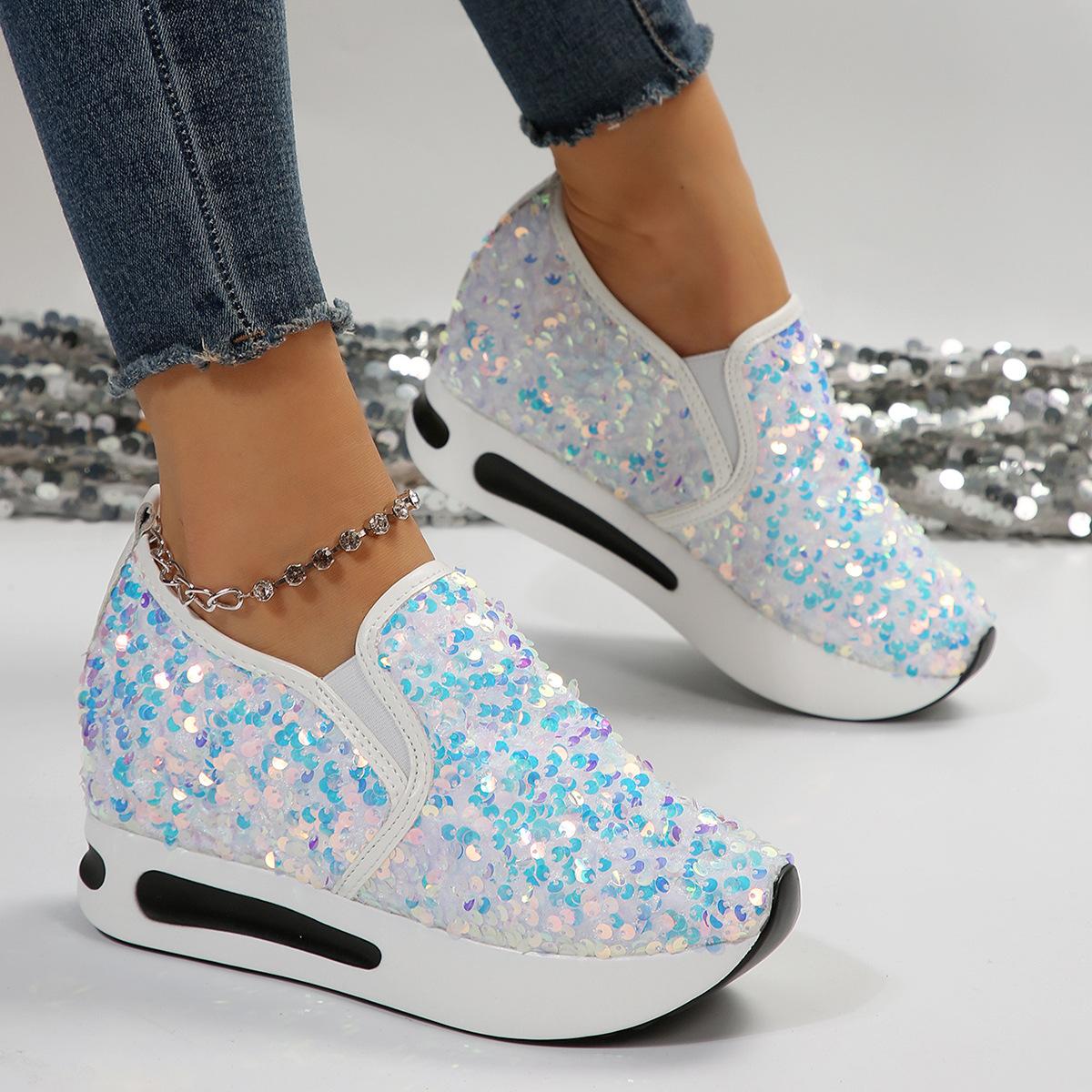 

Весенние и летние женские блестящие пайетки модные универсальные повседневные туфли на плоской подошве с увеличением внутреннего роста 38 синий/белый