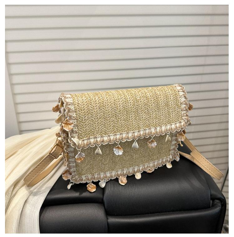 Shell Tassel Straw Shoulder Bags for Women Simple Ladies Woven Square Messenger Bags Casual Female Beach Flap Handbags Purse