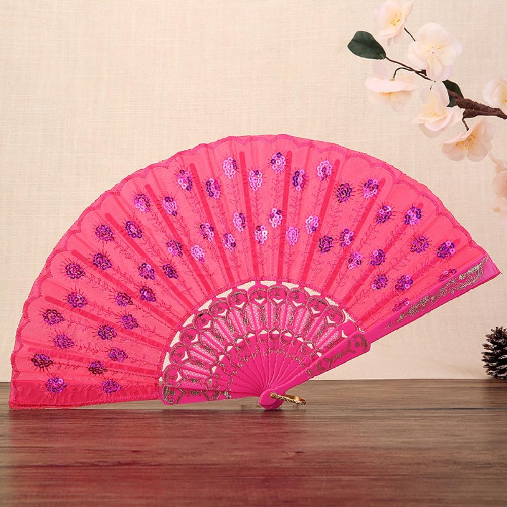 

Giltter Sequins Folding Fan Plastic Handle Hand Fan Peacock Dancing Fan Dance Props