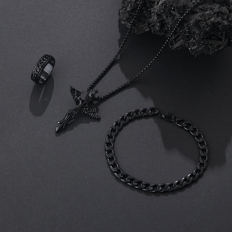 3Pcs Set Men'S Stainless Steel Metal Cross Pendant Chain Necklace Bracelet Ring Jewelry Set Male Hip Hop Daily Wear Accessories