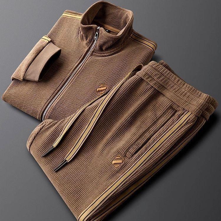 Men's Trendy Slim Fit Casual Sports Suit: Warm, Solid Color, Striped Two-Piece Set with Jacket & Straight-Leg Pants for Fall/Winter