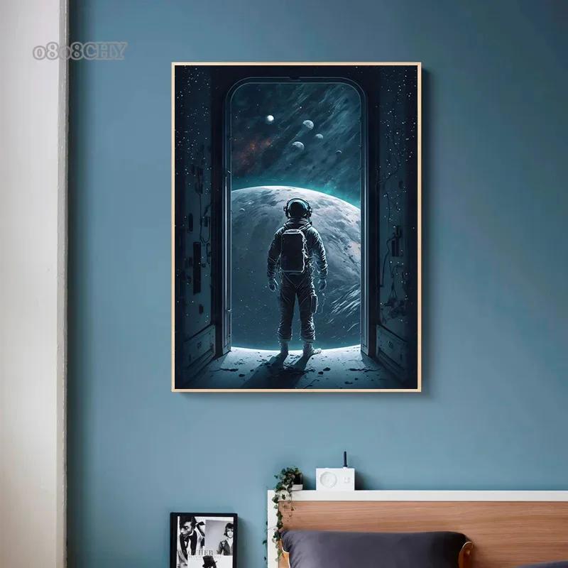 Astronaut In Flowers Canvas Painting Cosmonaut and Planet Posters Prints Modern Wall Art Pictures for Home Kid Beroom Decoration